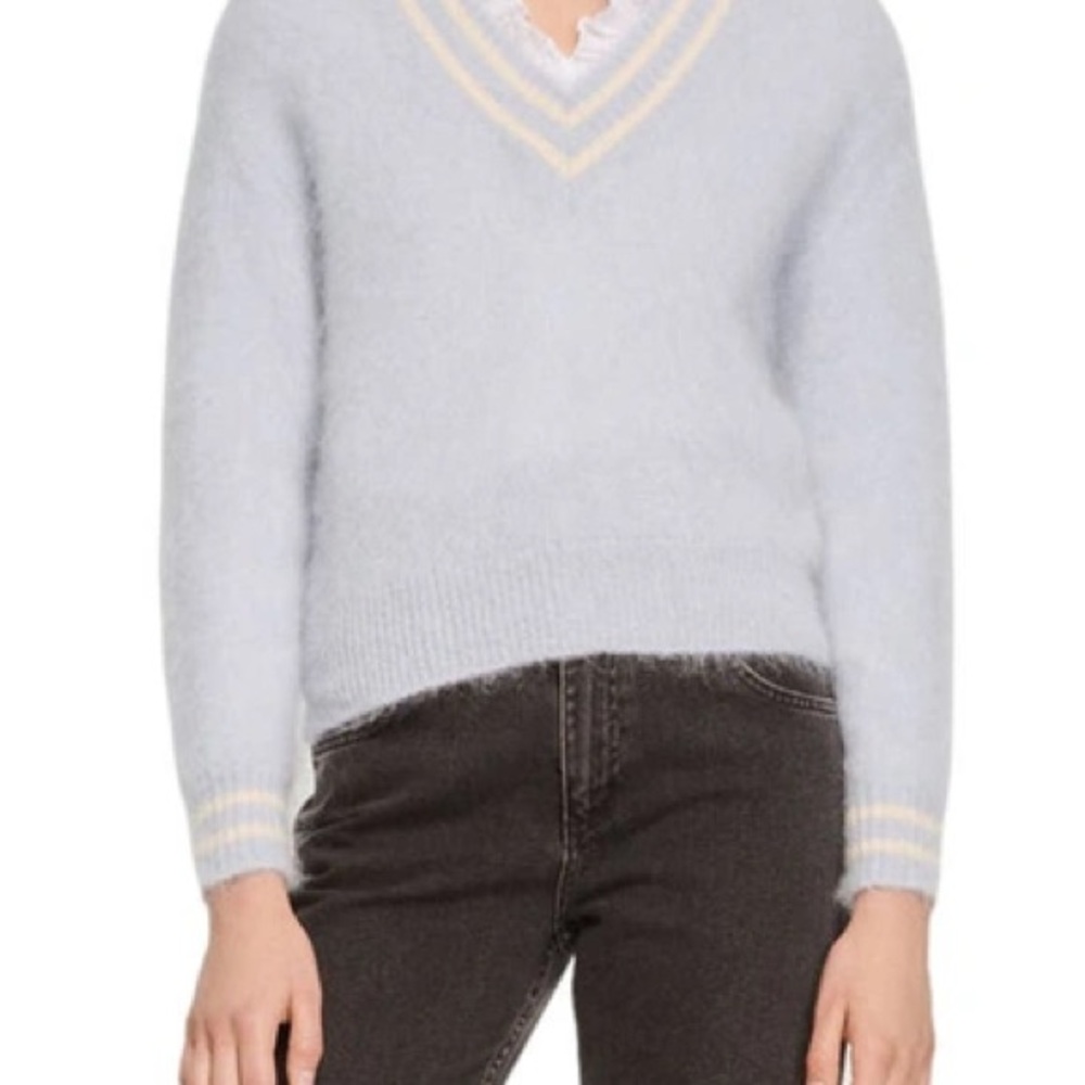 Moving Sale 🌟 Sandro Soft Blue V-Neck Sweater with Cream Accents